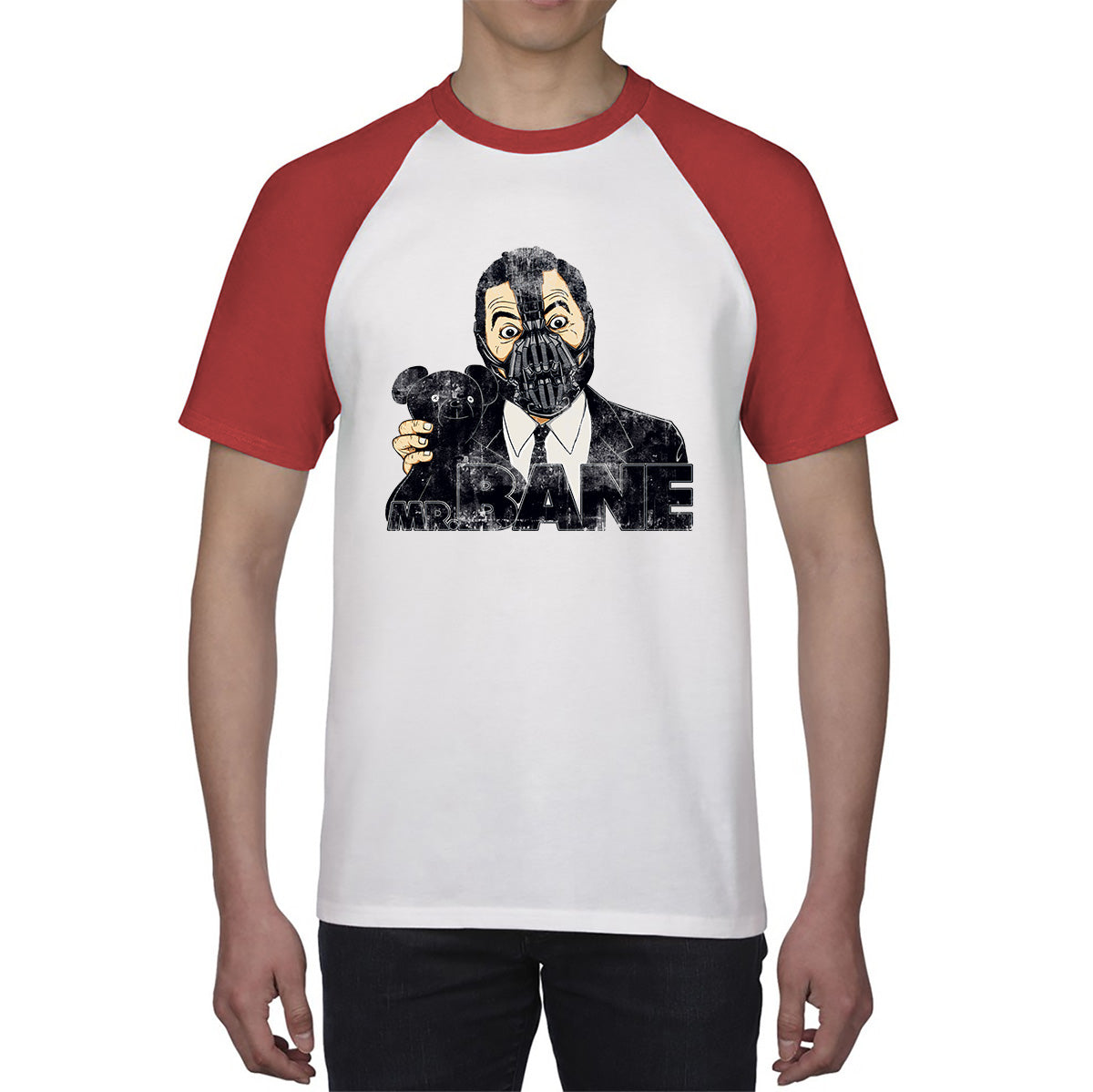 Mr. Bean With Teddy Spoof Mr. Bane Osito Supervillain Metahuman The Man Who Broke The Bat Comic Book Character Baseball T Shirt