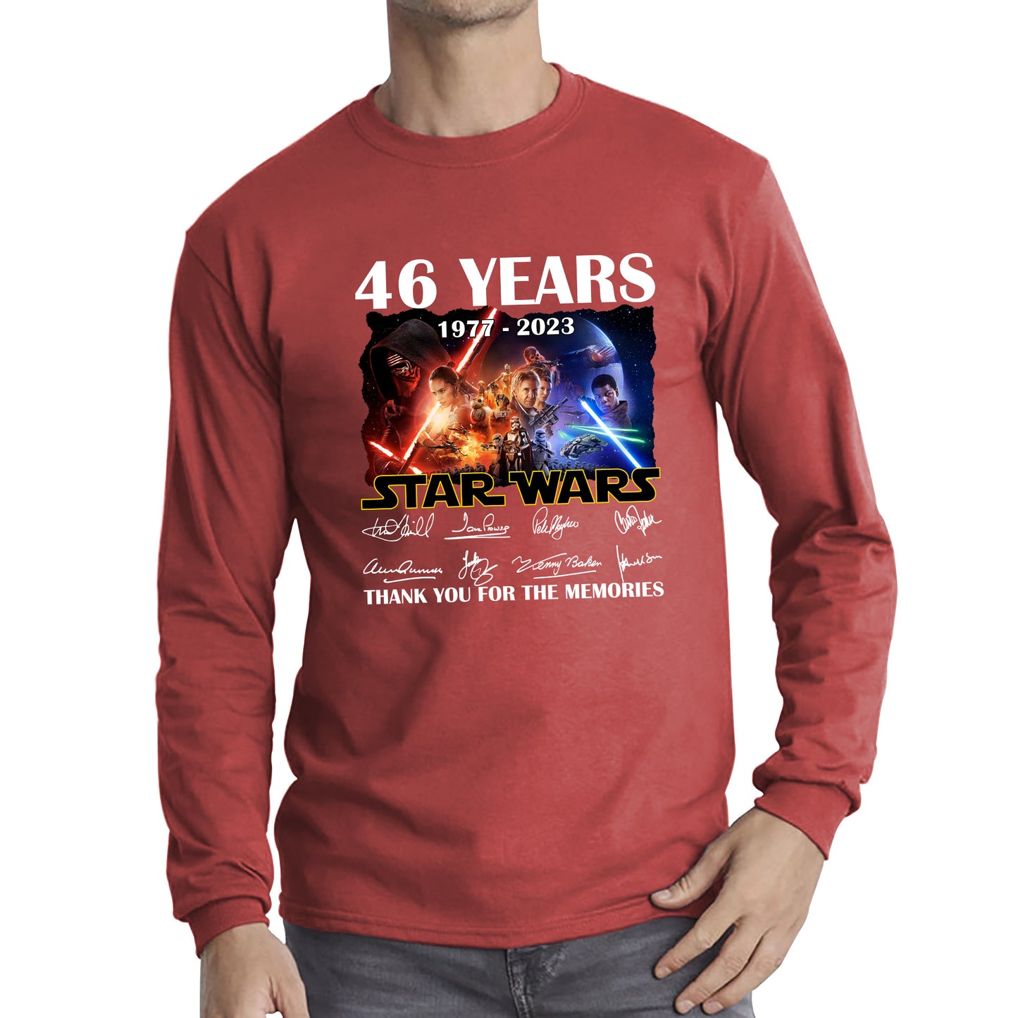 Disney Star Wars Day 46th Anniversary 1977-2023 The Force Awakens Characters Signatures Thank You For The Memories Long Sleeve T Shirt
