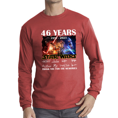 Disney Star Wars Day 46th Anniversary 1977-2023 The Force Awakens Characters Signatures Thank You For The Memories Long Sleeve T Shirt
