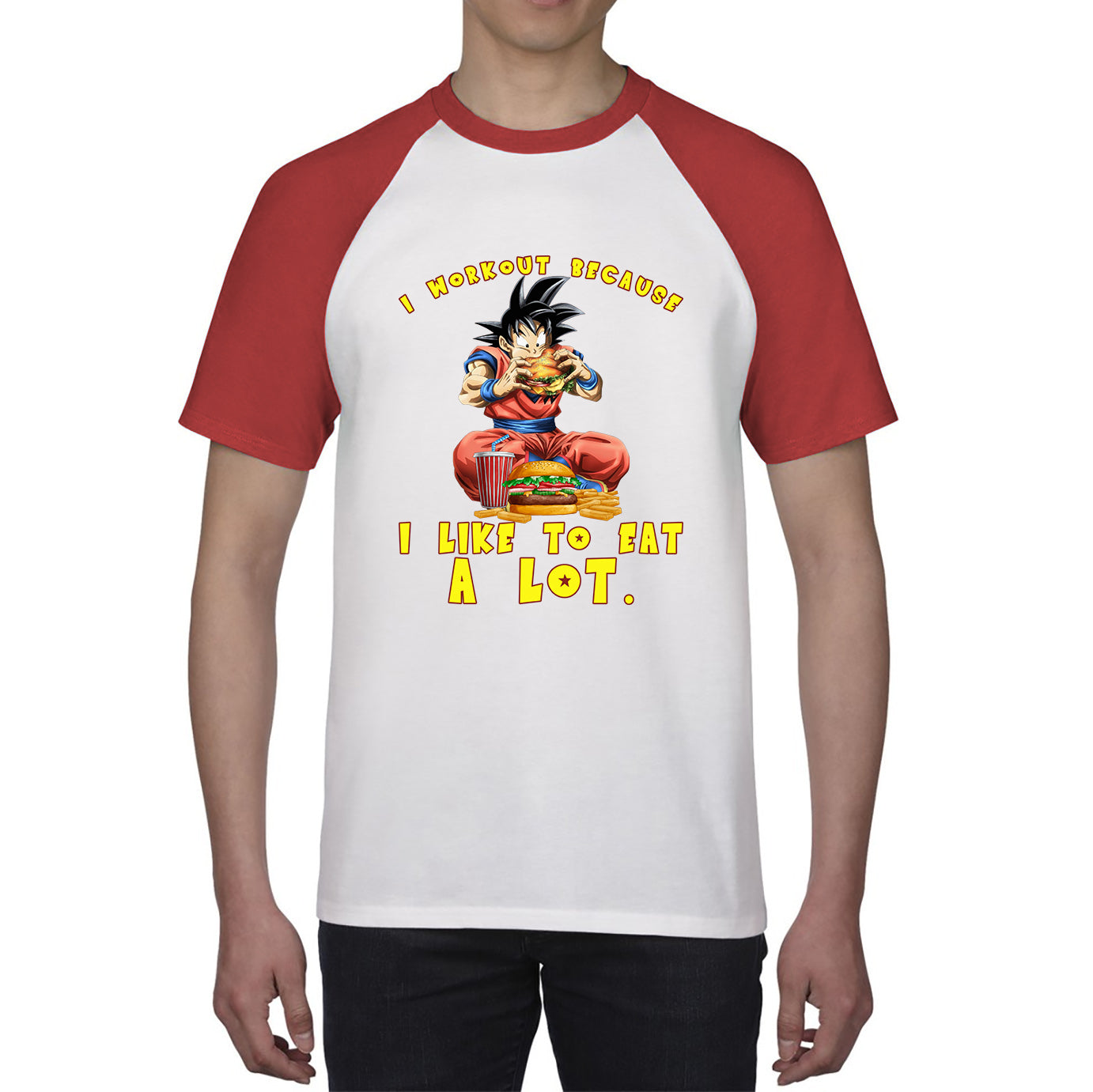 I Workout Because I Like To Eat A Lot Goku Eating A Hamburger Dragon Ball Anime Gym Bodybuilding Workout Baseball T Shirt