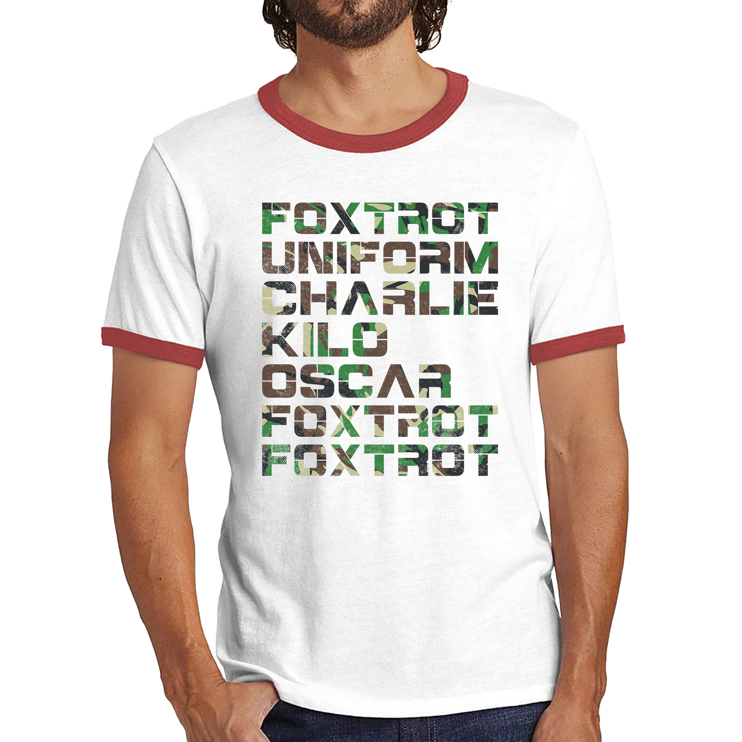 Foxtrot Uniform Charlie Kilo Oscar Foxtrot Camo Fitness Phonetic Alphabet Military Ringer T Shirt