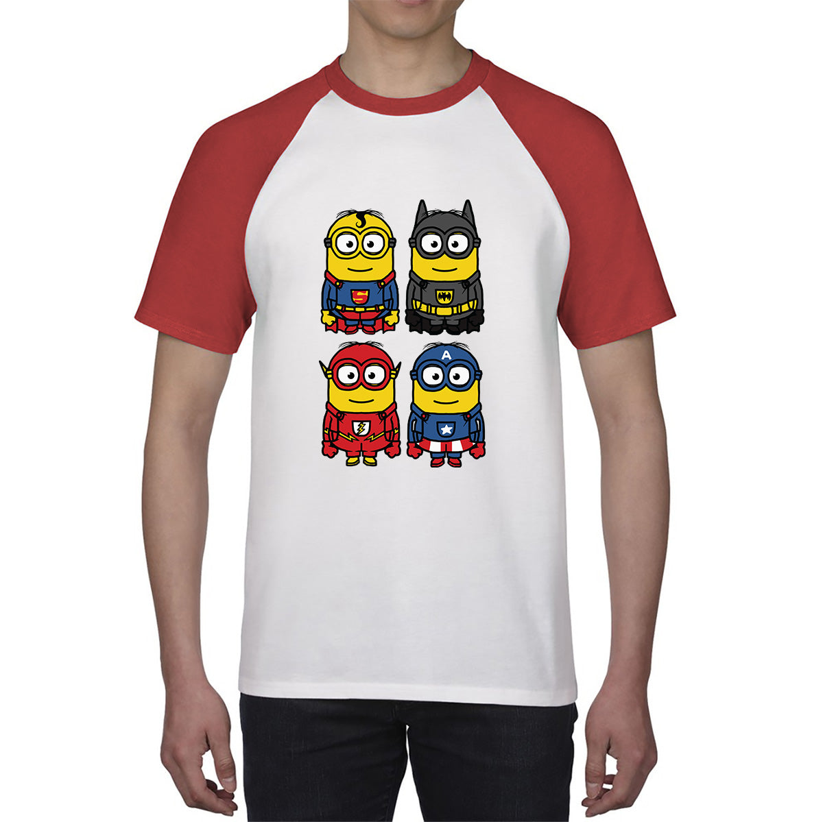 The 4 Minions Heros Super Minions Captain America Batman Superman Riddler The Flash Dc Minions Parody Pop Art Baseball T Shirt