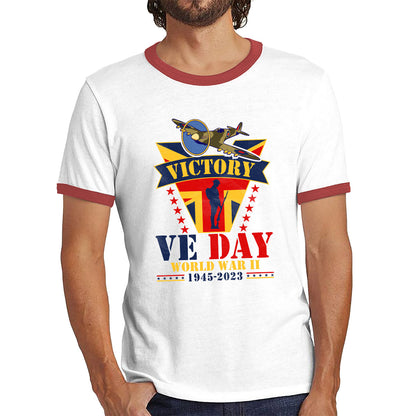 VE Day Victory In Europe End Of World War II 1945-2023 Anniversary Remembrance Day Soldier Spitfire British Fighter Aircraft UK Flag Ringer T Shirt