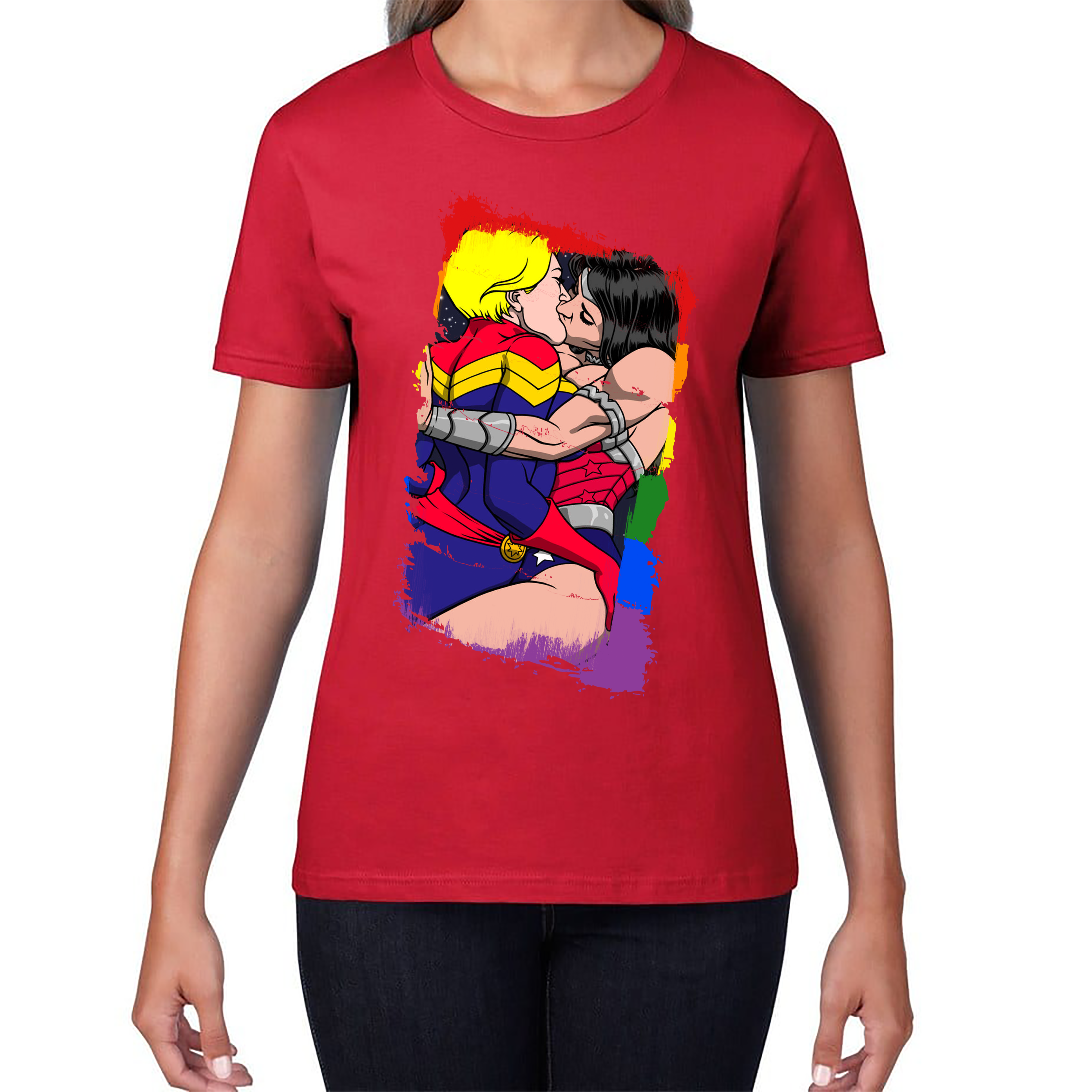 Wonder Women x Captain Marvel Kissing LGBT Pride Valentine Ladies T Shirt