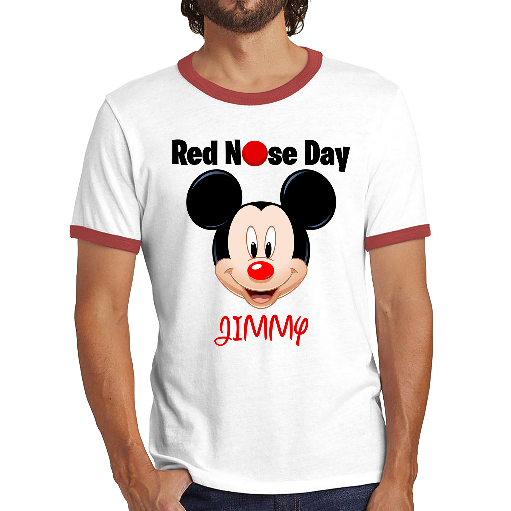 Personalised Mickey Mouse ( Name ) Red Nose Day Ringer T Shirt. 50% Goes To Charity