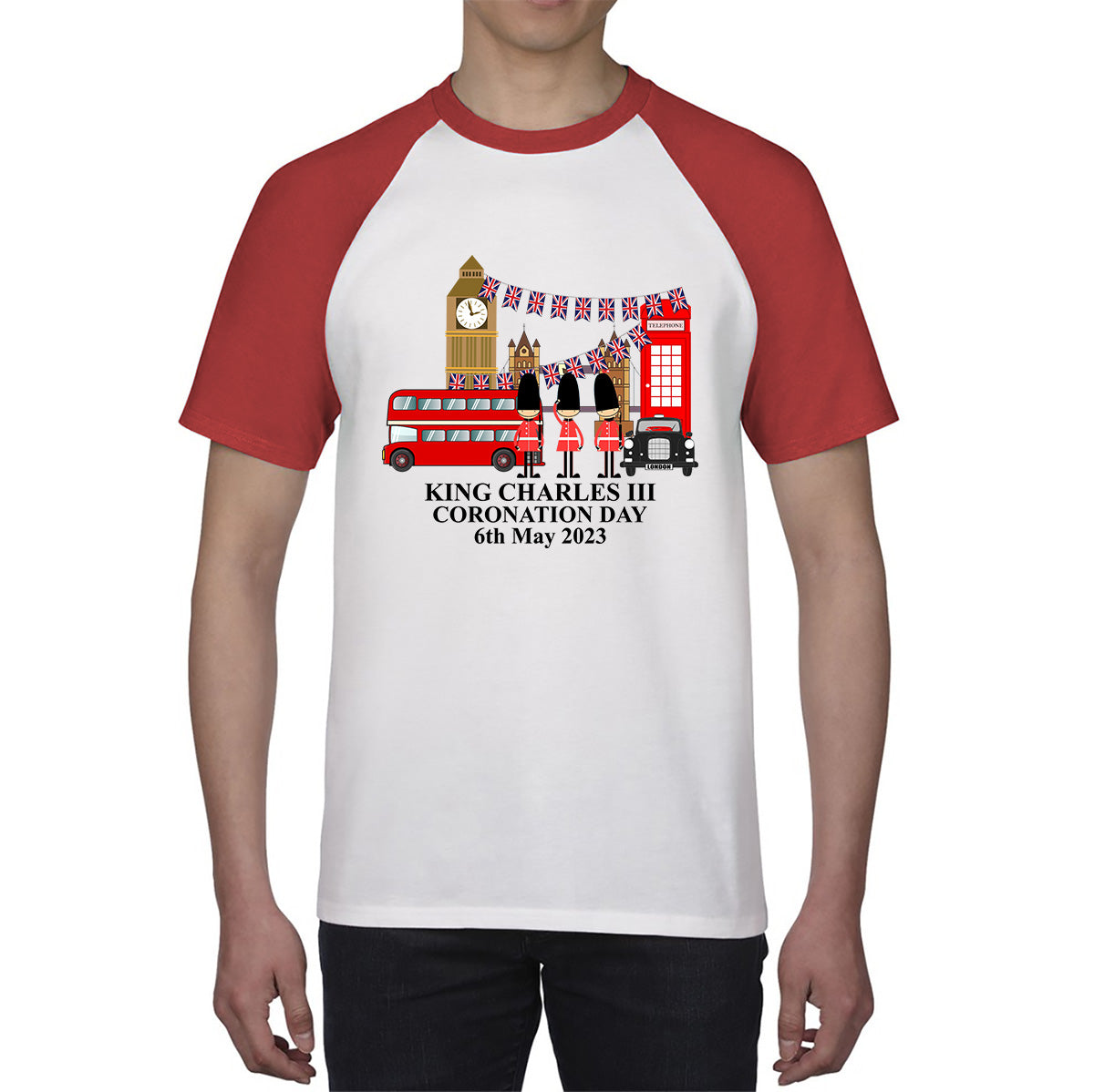 King Charles III Coronation Day 6th May 2023 Great Britain Big Ben Tower Telephone Booth And Red Bus London England Flag Baseball T Shirt
