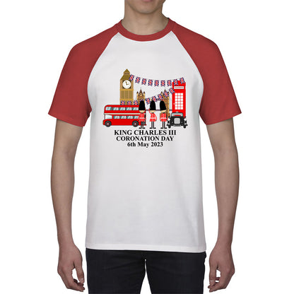 King Charles III Coronation Day 6th May 2023 Great Britain Big Ben Tower Telephone Booth And Red Bus London England Flag Baseball T Shirt