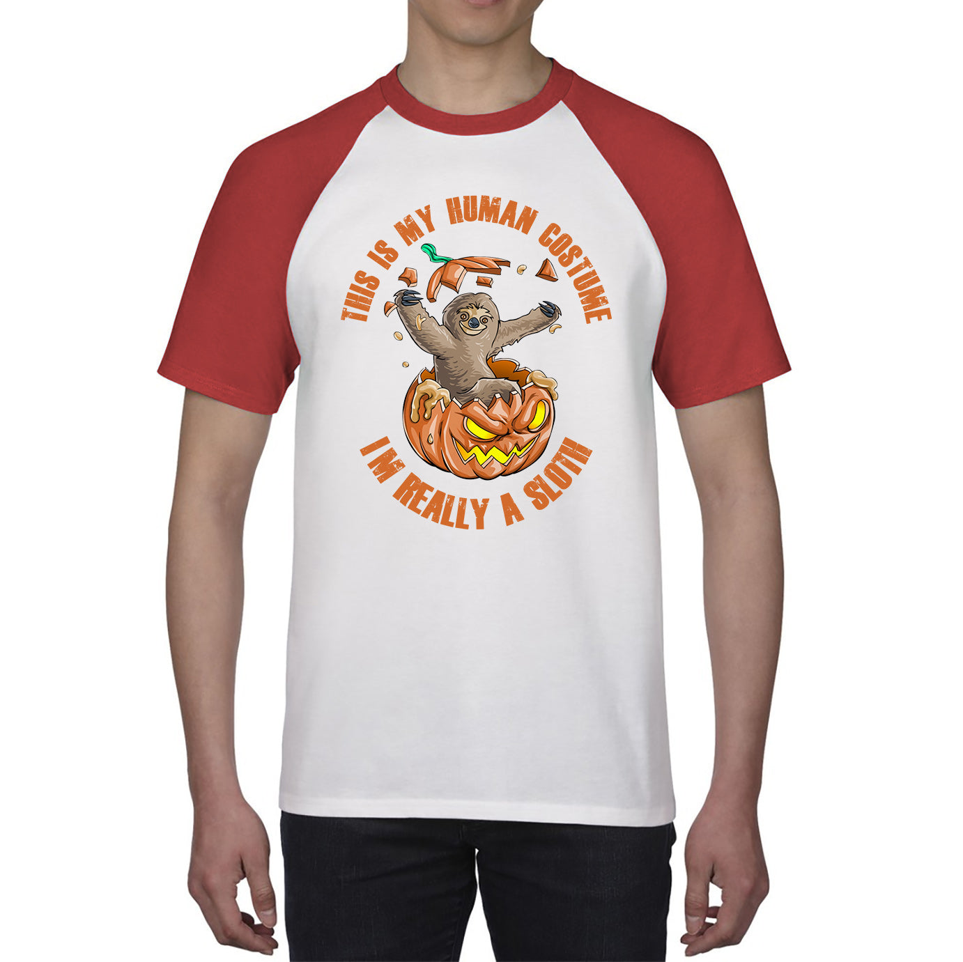 This Is My Human Costume I'm Really A Sloth Halloween Pumpkin Horror And Scary Pumpkin Face Baseball T Shirt