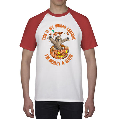 This Is My Human Costume I'm Really A Sloth Halloween Pumpkin Horror And Scary Pumpkin Face Baseball T Shirt