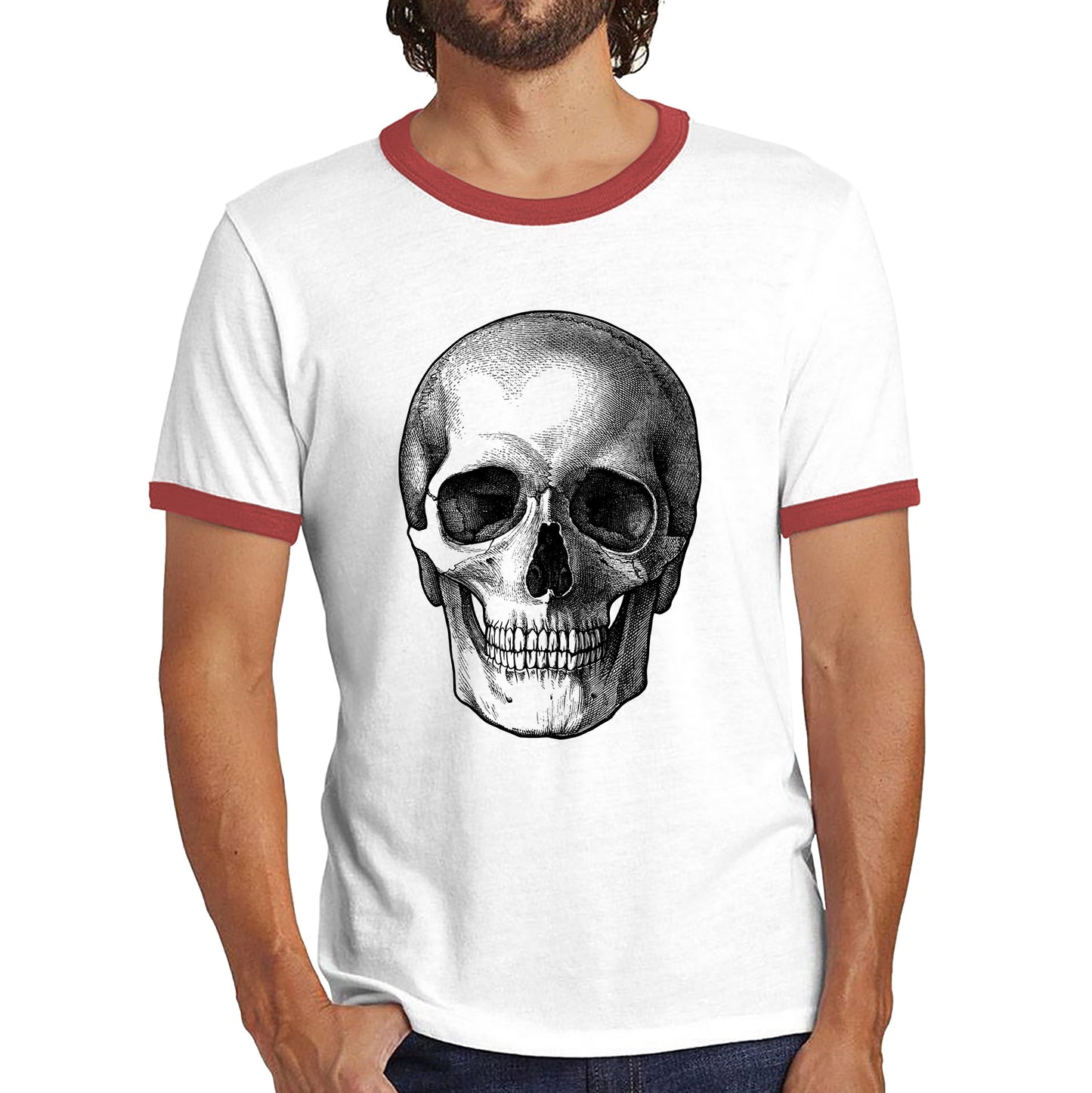 Skull Face Bikers Racers Novelty Design Spooky Funny Ringer T Shirt