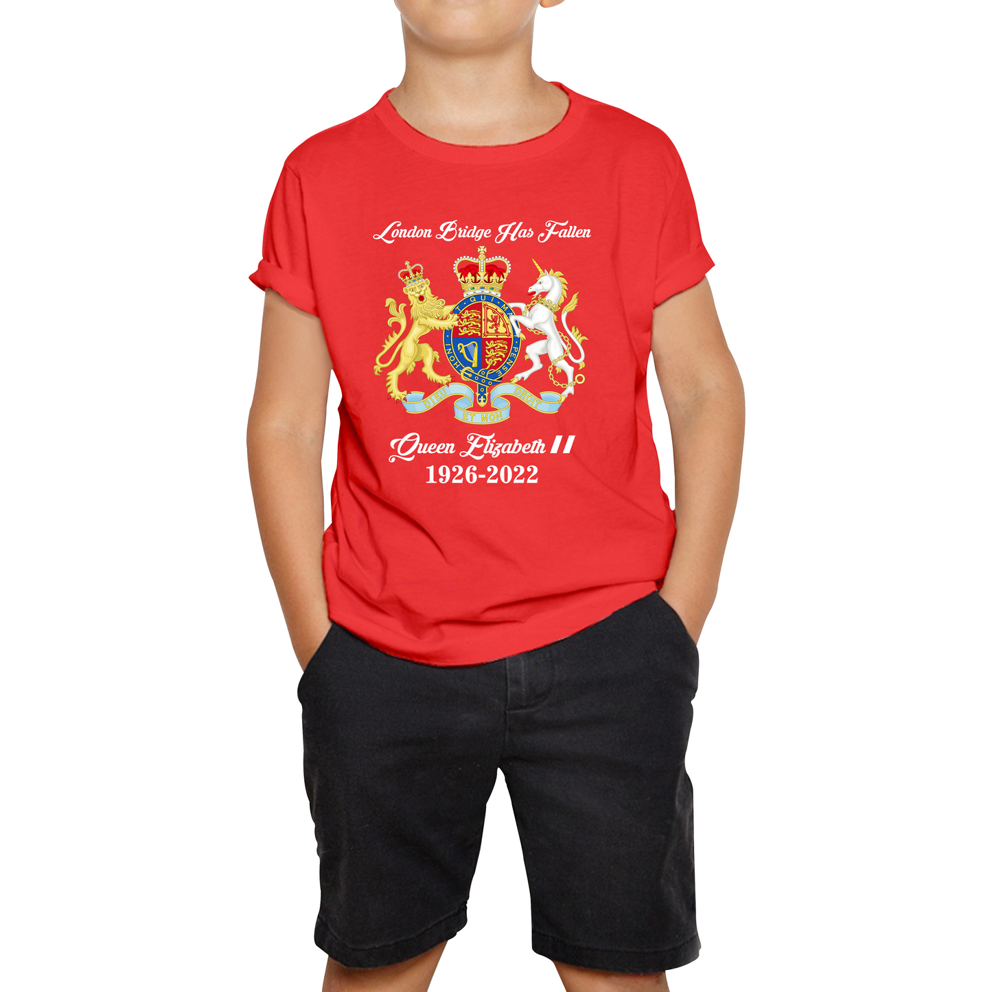 London Bridge Has Fallen Queen Elizabeth II Union Jack Queen's Crown Kids Tee