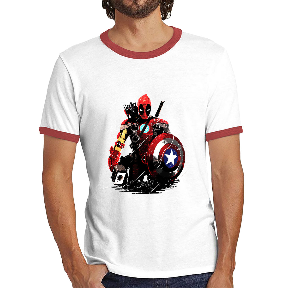 Deadpool With All Marvel Superhero Weapons Captain America, Spired-man, Iron Man, Deadpool, Thor, And Hawkeye Ringer T Shirt