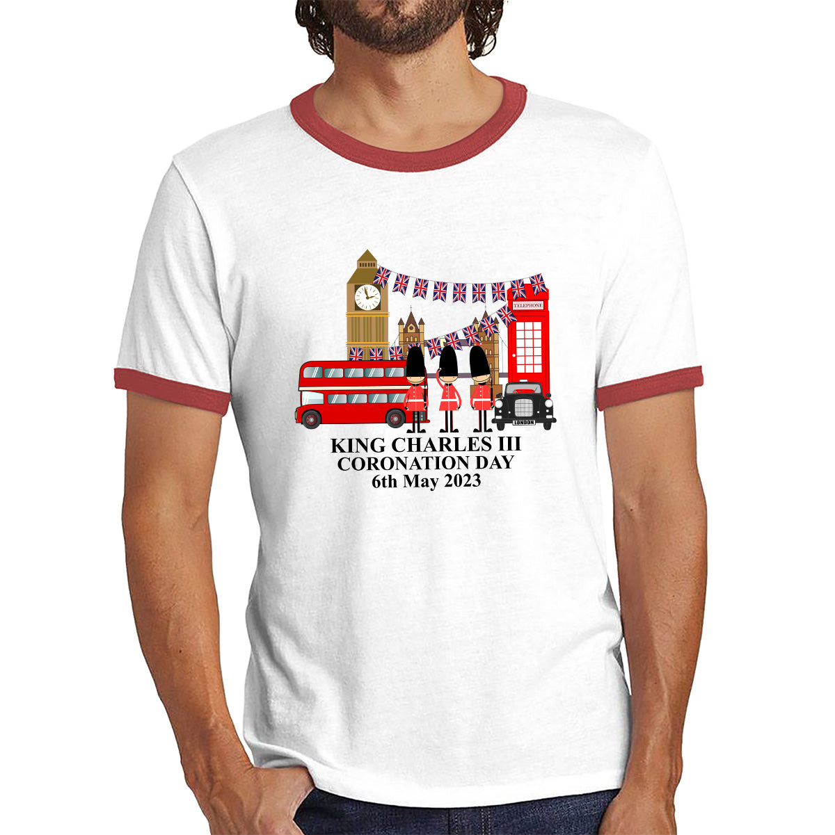 King Charles III Coronation Day 6th May 2023 Great Britain Big Ben Tower Telephone Booth And Red Bus London England Flag Ringer T Shirt