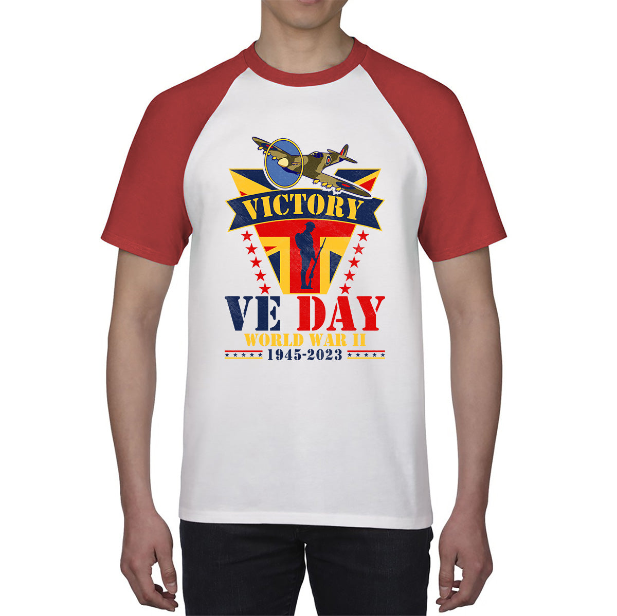 VE Day Victory In Europe  End Of World War II 1945-2023 Anniversary Remembrance Day Soldier Spitfire British Fighter Aircraft UK Flag Baseball T Shirt