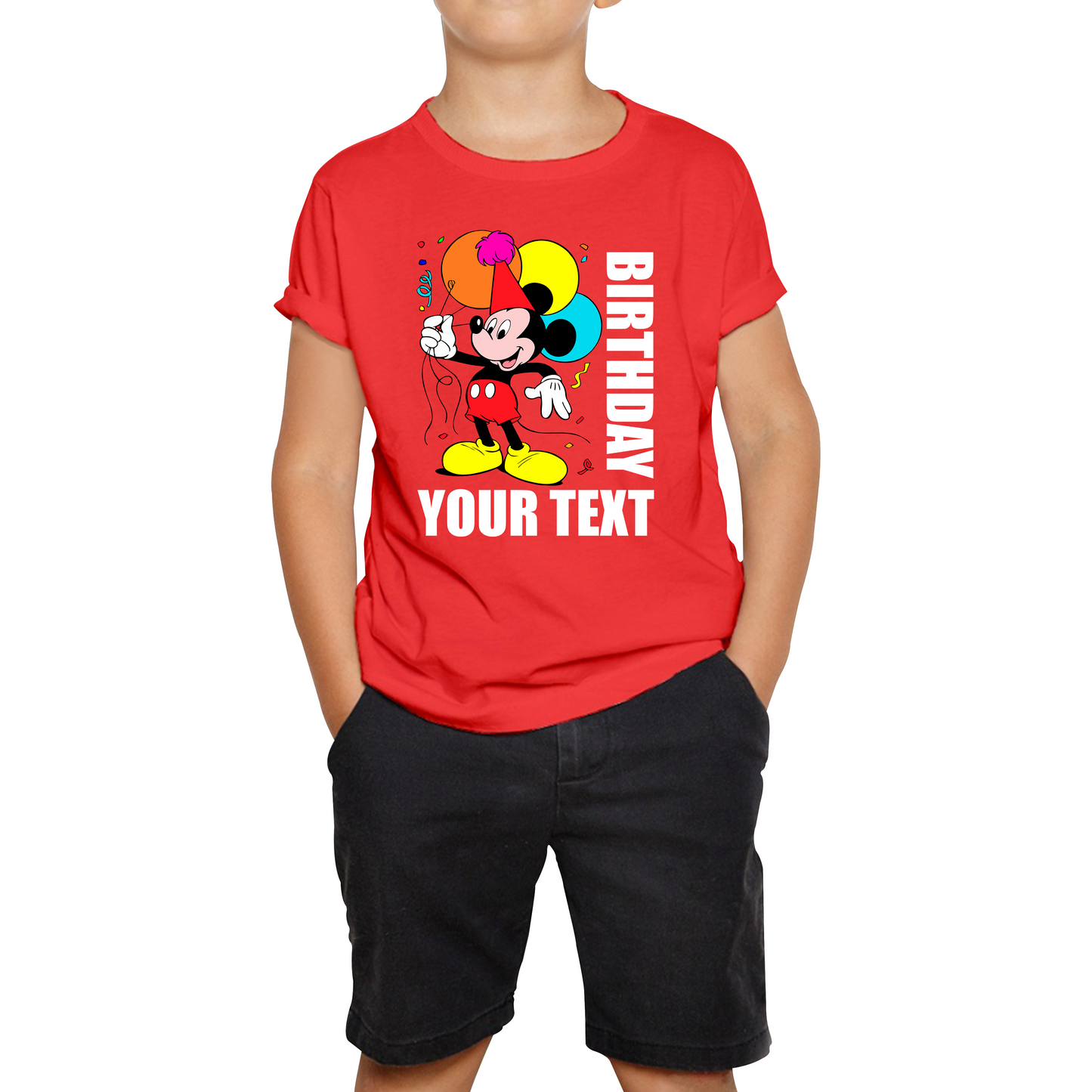 Personalised Disney Mickey Mouse Holding Balloons Birthday Your Text Disneyland Kids Tee