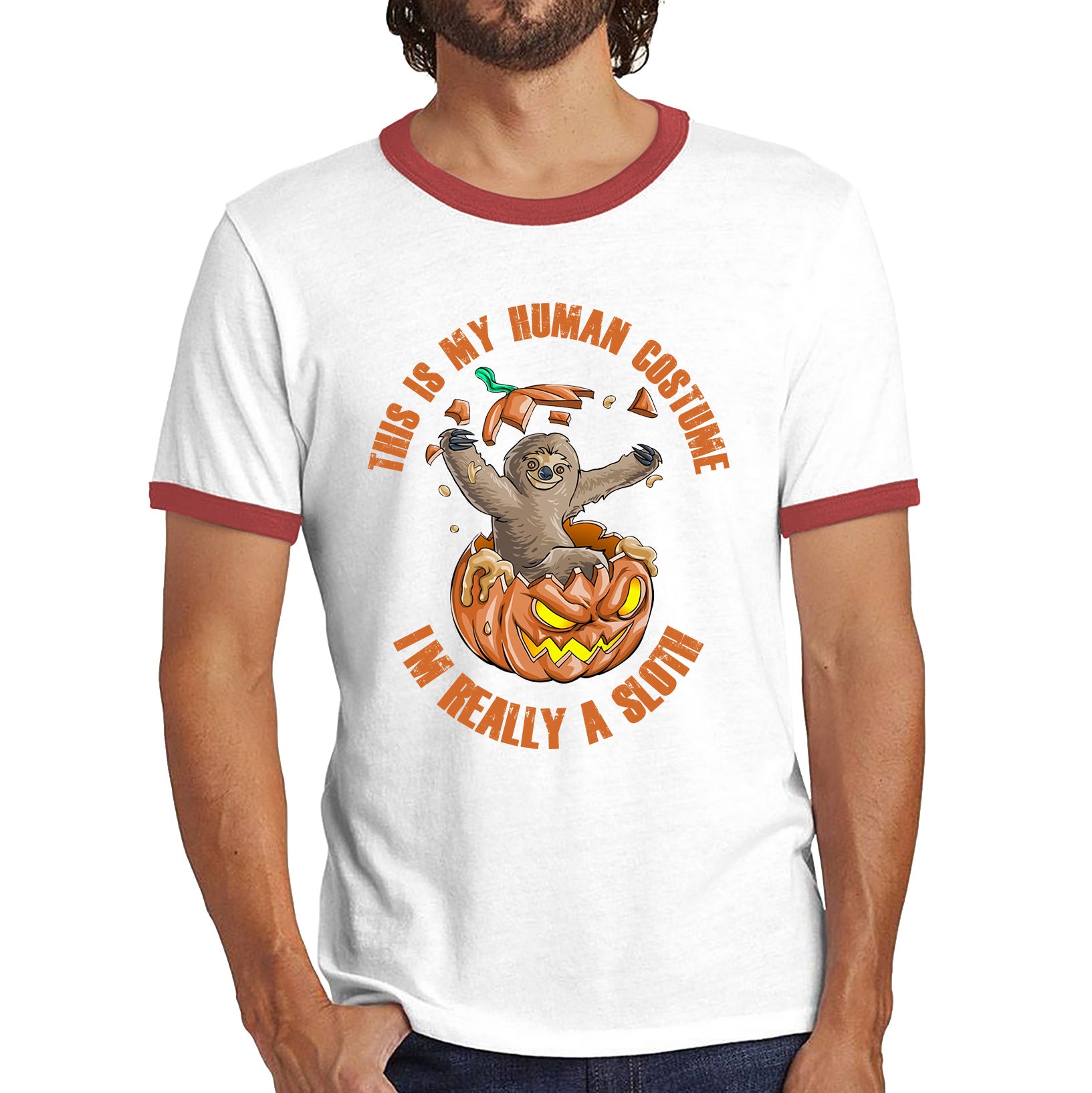 This Is My Human Costume I'm Really A Sloth Halloween Pumpkin Horror And Scary Pumpkin Face Ringer T Shirt