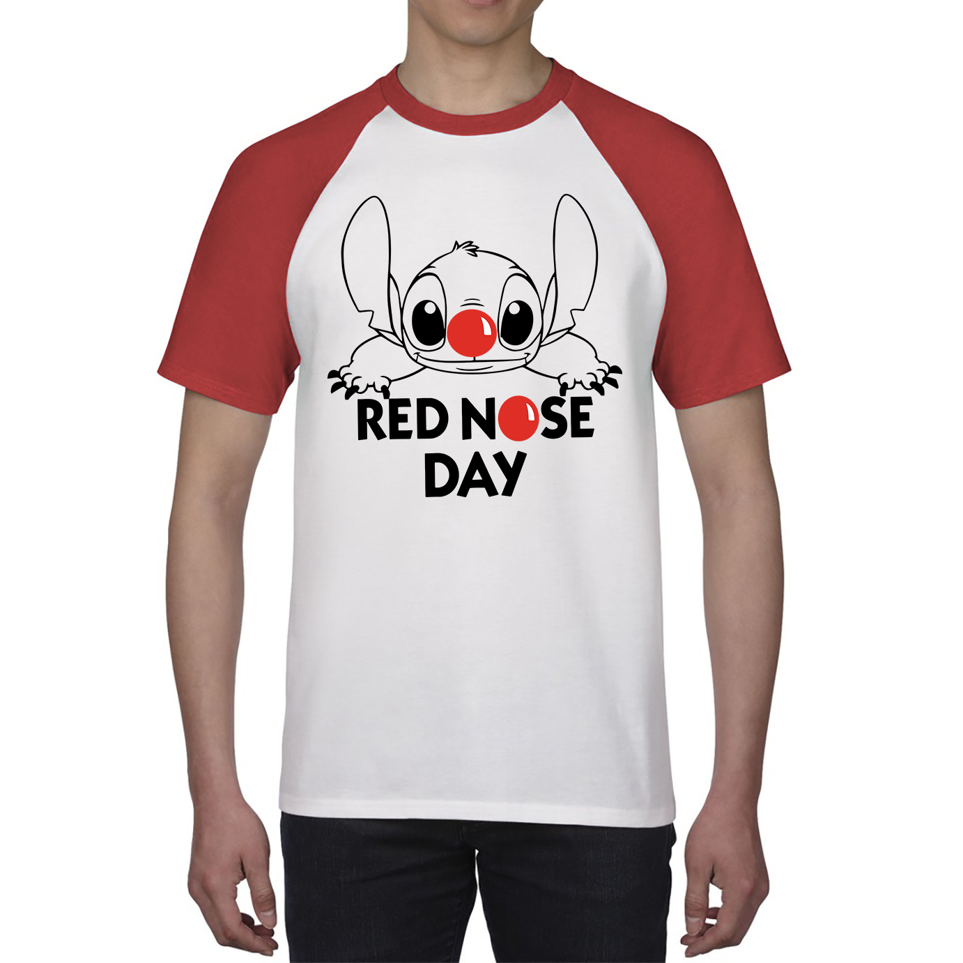 Red Nose Day Funny Ohana Disney Stitch Baseball T Shirt. 50% Goes To Charity