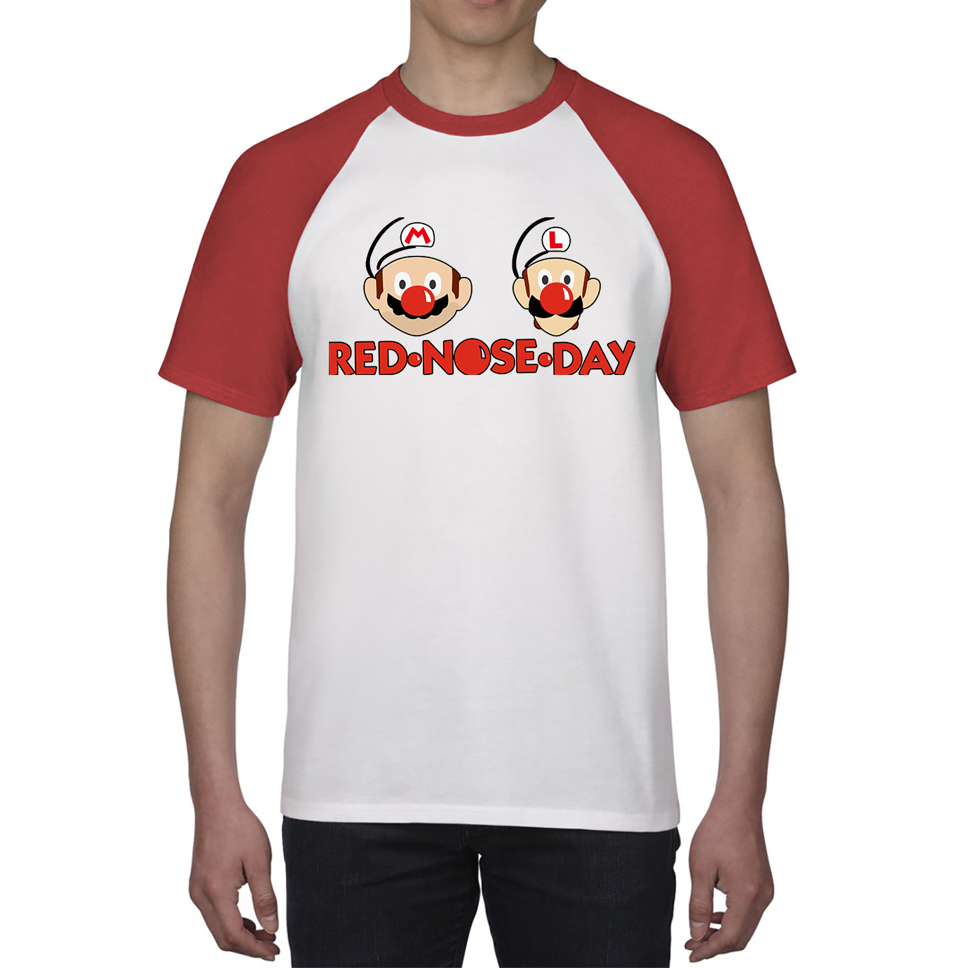 Super Mario Bros Red Nose Day Baseball T Shirt. 50% Goes To Charity