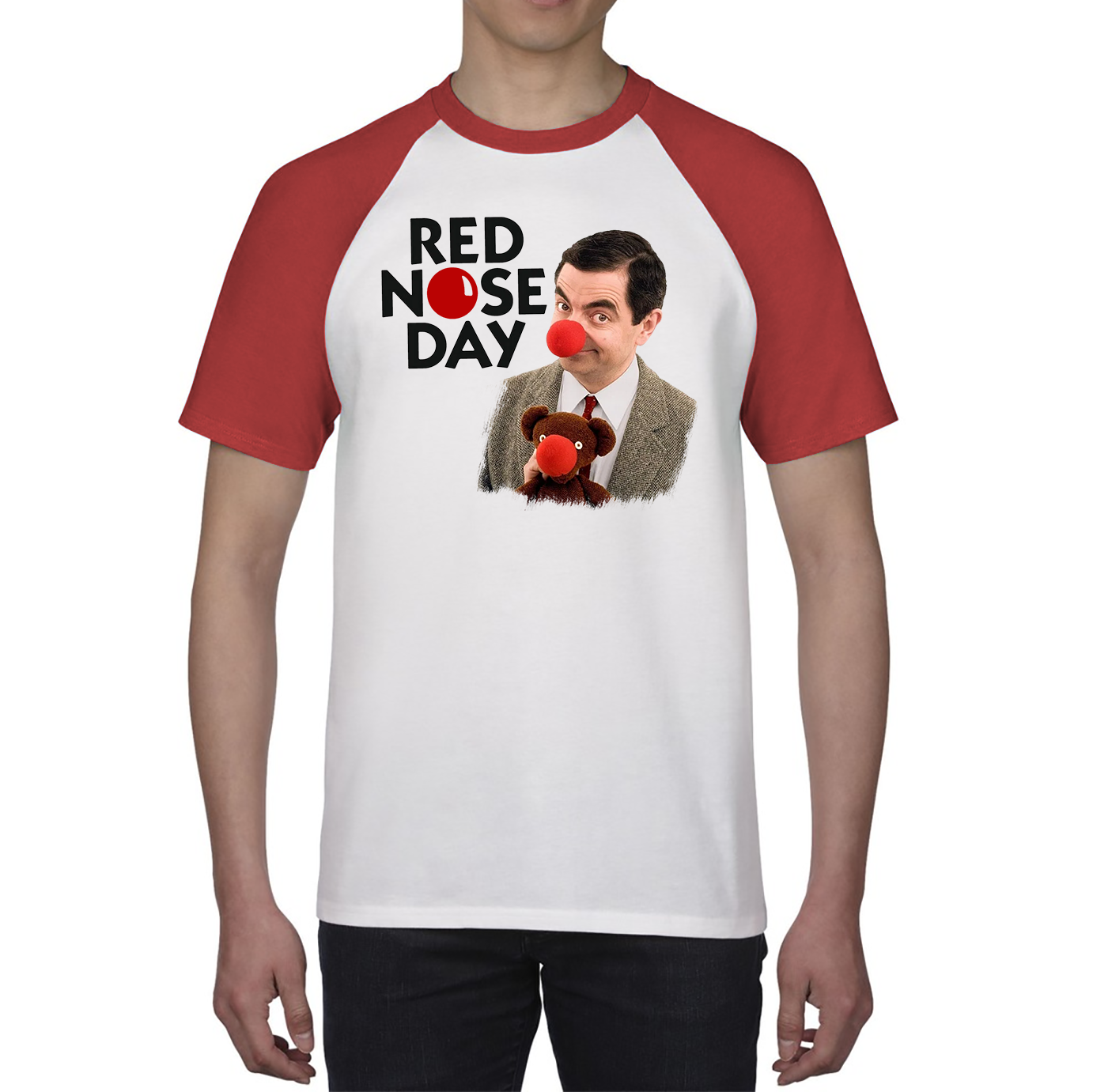 Red Nose Day Funny Mr Bean Baseball T Shirt. 50% Goes To Charity