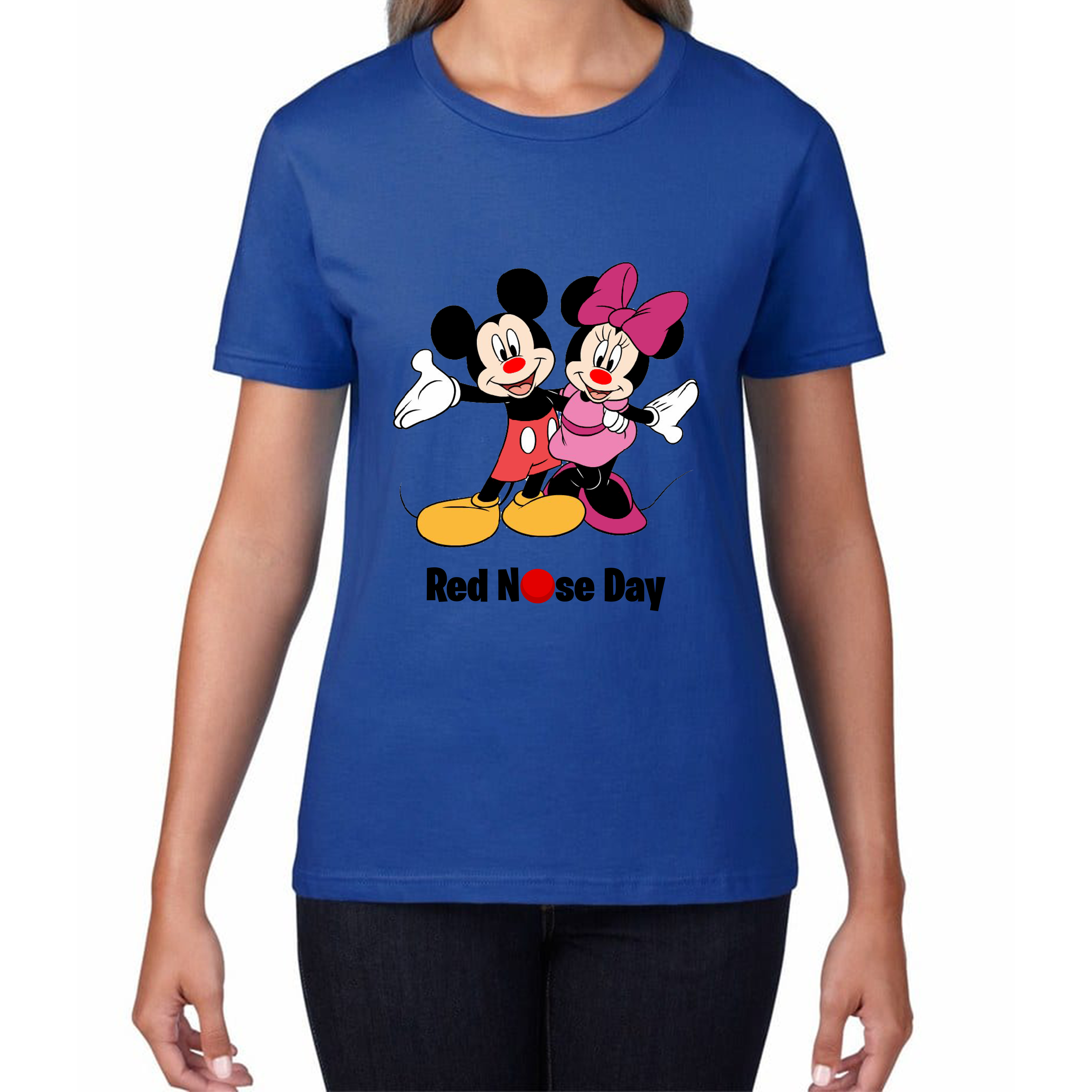 Mickey And Minnie Mouse Red Nose Day Ladies T Shirt. 50 Goes To