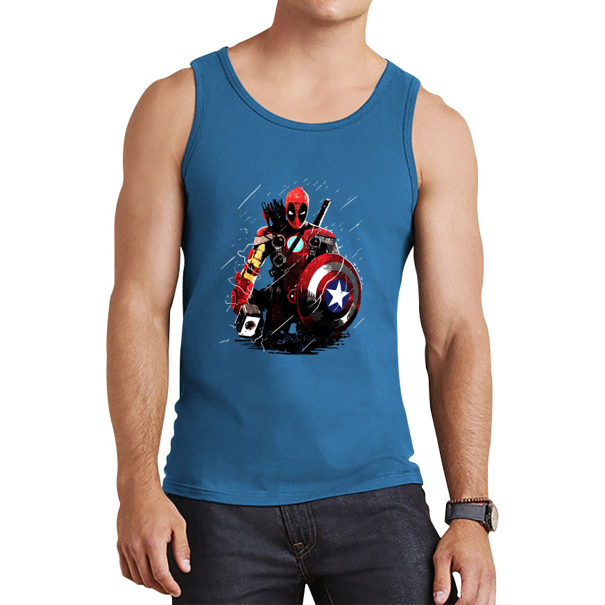 Deadpool With All Marvel Superhero Weapons Captain America, Spired-man, Iron Man, Deadpool, Thor, And Hawkeye Tank Top