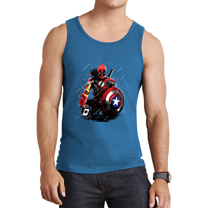 Deadpool With All Marvel Superhero Weapons Captain America, Spired-man, Iron Man, Deadpool, Thor, And Hawkeye Tank Top