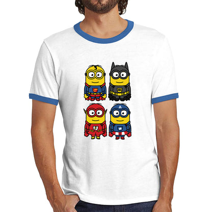 The 4 Minions Heros Super Minions Captain America Batman Superman Riddler The Flash Dc Minions Parody Pop Art Ringer T Shirt