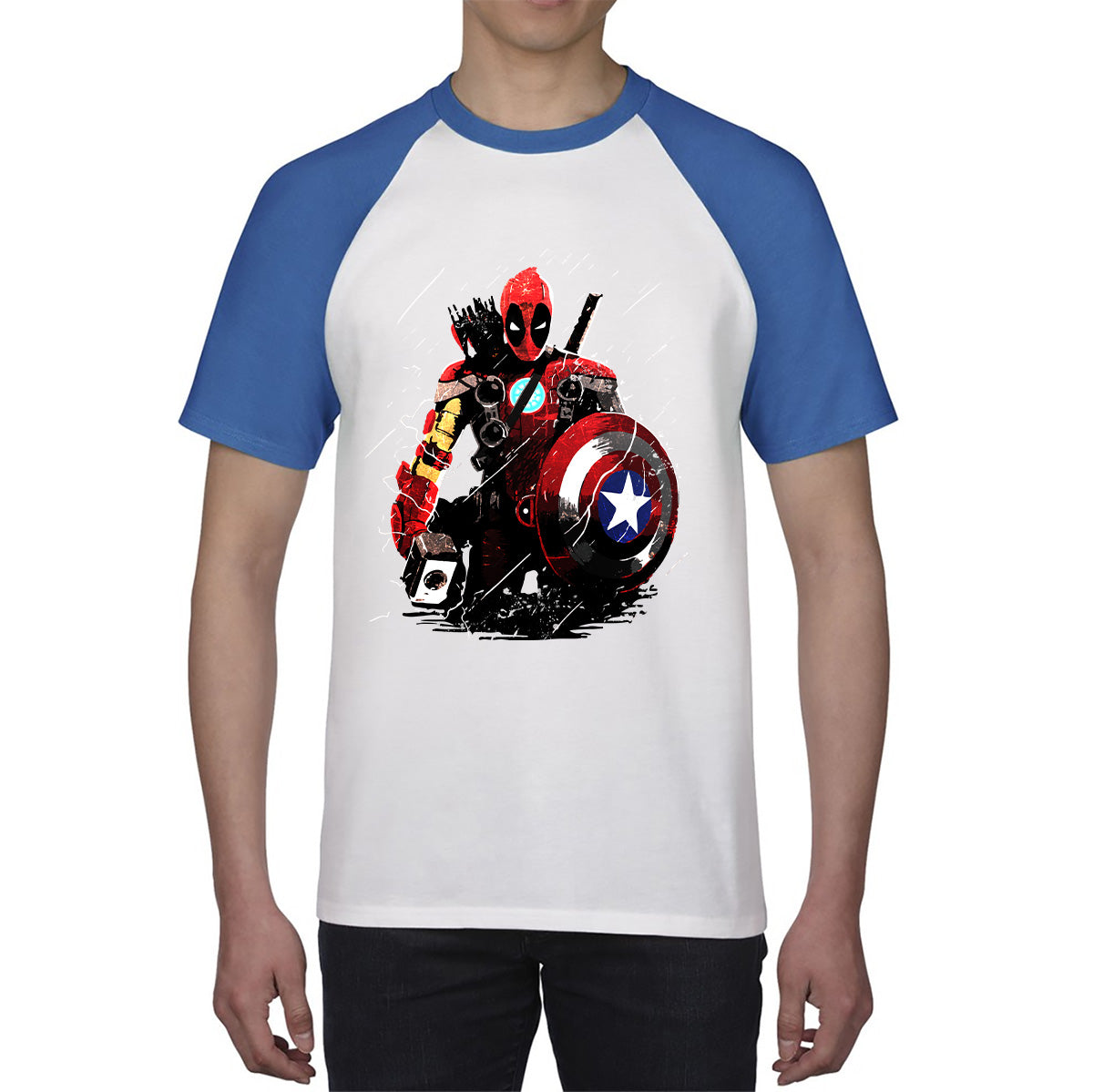Deadpool With All Marvel Superhero Weapons Captain America, Spired-man, Iron Man, Deadpool, Thor, And Hawkeye Baseball T Shirt