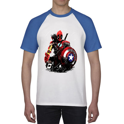 Deadpool With All Marvel Superhero Weapons Captain America, Spired-man, Iron Man, Deadpool, Thor, And Hawkeye Baseball T Shirt