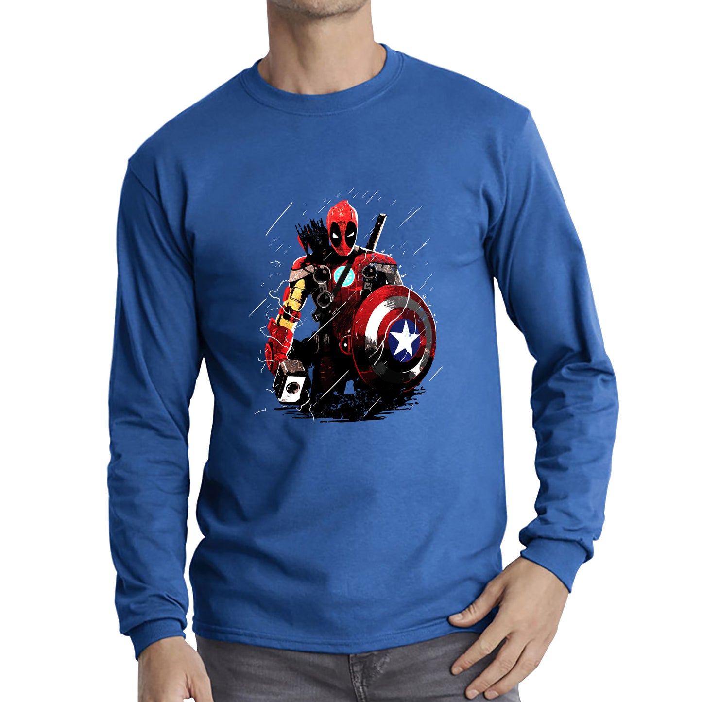 Deadpool With All Marvel Superhero Weapons Captain America, Spired-man, Iron Man, Deadpool, Thor, And Hawkeye Long Sleeve T Shirt