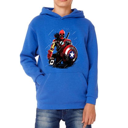 Deadpool With All Marvel Superhero Weapons Captain America, Spired-man, Iron Man, Deadpool, Thor, And Hawkeye Kids Hoodie