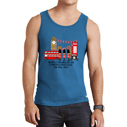 King Charles III Coronation Day 6th May 2023 Great Britain Big Ben Tower Telephone Booth And Red Bus London England Flag Tank Top