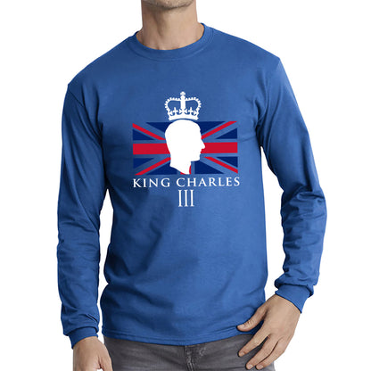 King Charles III Coronation British Flag CR III Royal Crown His Majesty Union Jack Great Britain Long Sleeve T Shirt