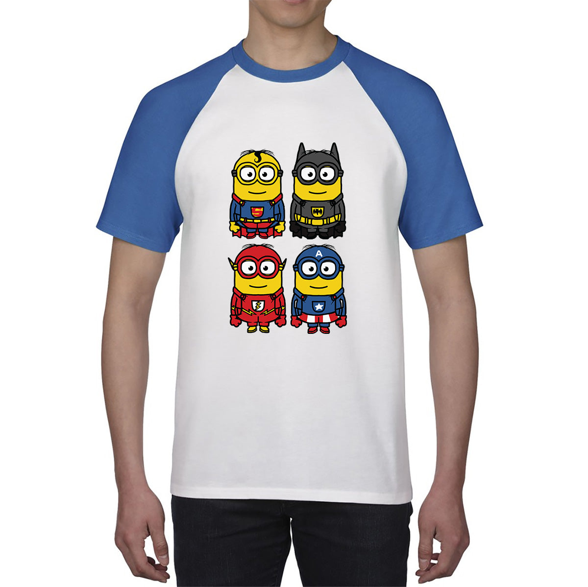 The 4 Minions Heros Super Minions Captain America Batman Superman Riddler The Flash Dc Minions Parody Pop Art Baseball T Shirt
