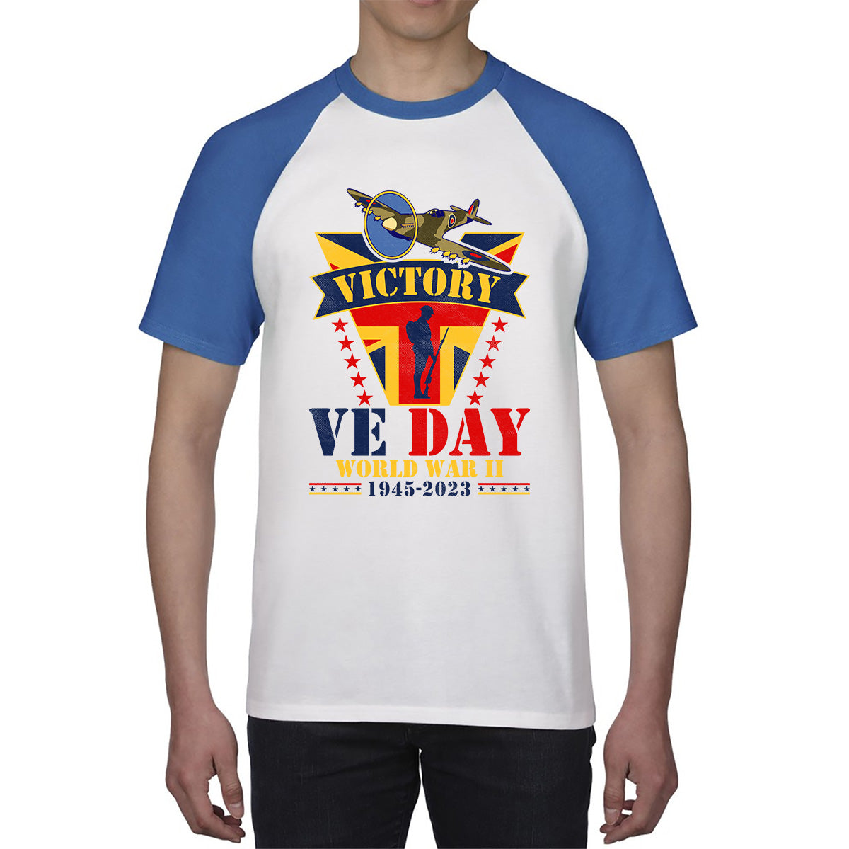 VE Day Victory In Europe  End Of World War II 1945-2023 Anniversary Remembrance Day Soldier Spitfire British Fighter Aircraft UK Flag Baseball T Shirt