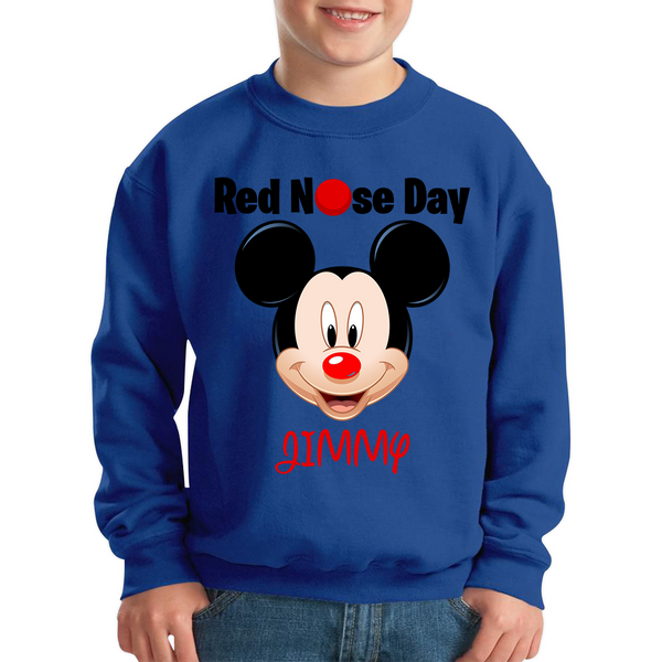 Personalised Mickey Mouse ( Name ) Red Nose Day Kids Sweatshirt. 50% Goes To Charity