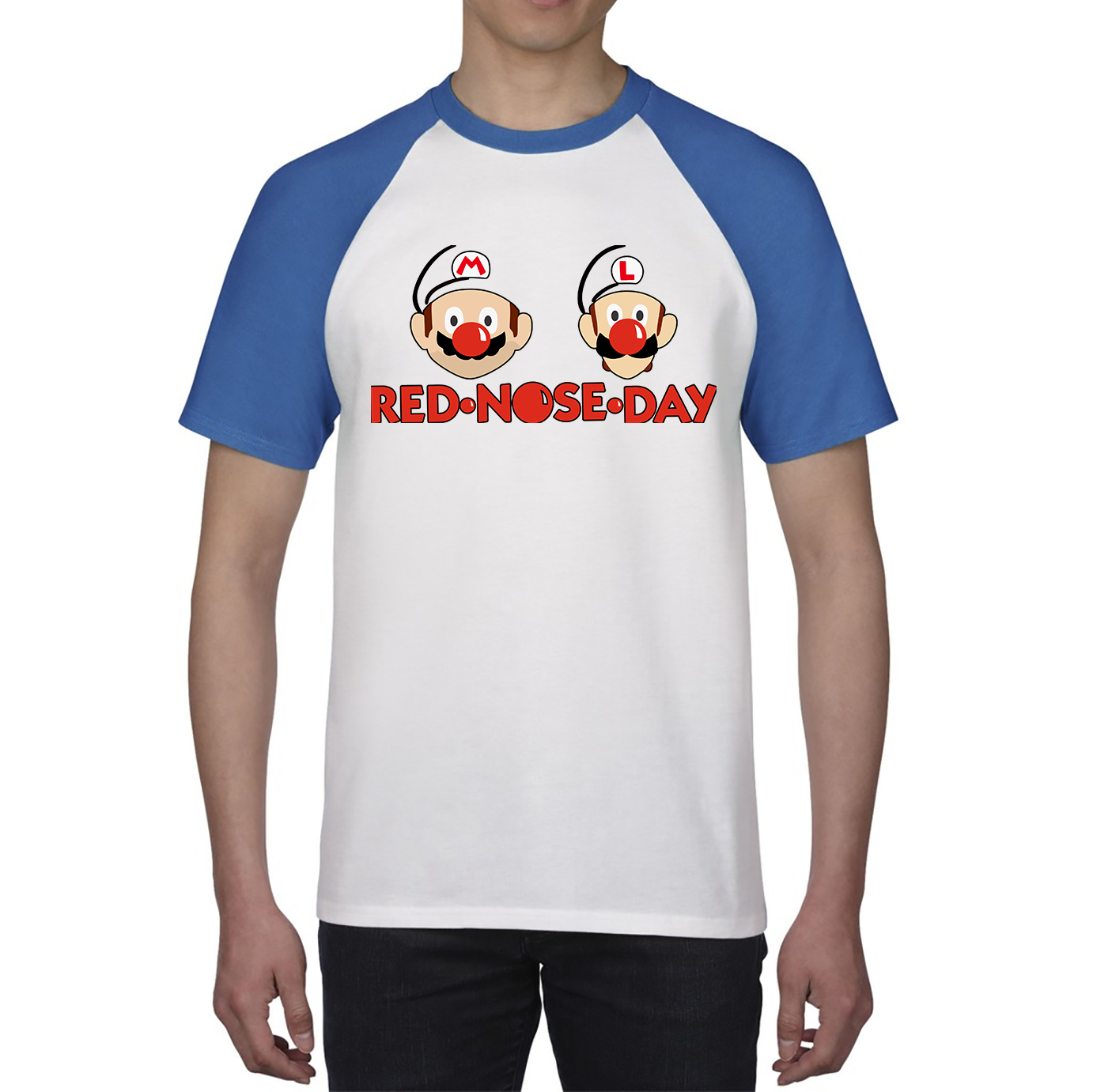 Super Mario Bros Red Nose Day Baseball T Shirt. 50% Goes To Charity