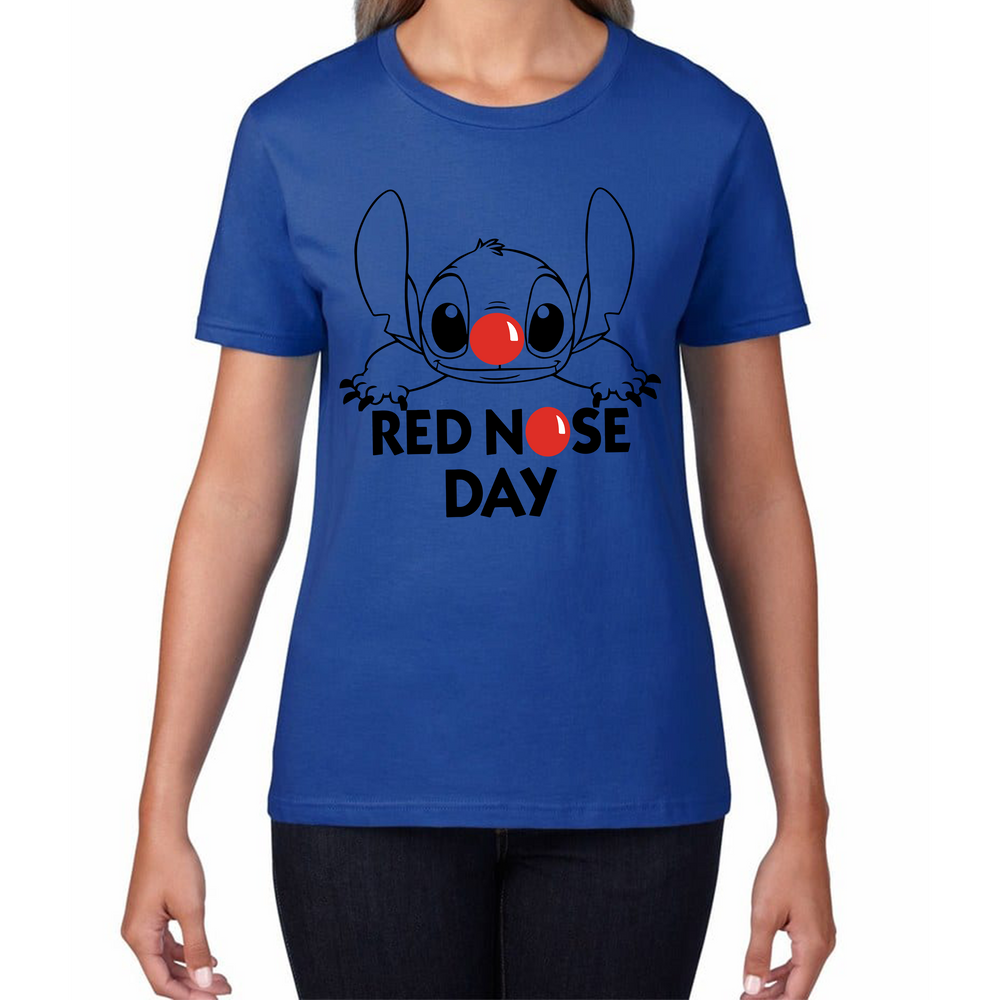 Red Nose Day Funny Ohana Disney Stitch Ladies T Shirt. 50% Goes To Charity