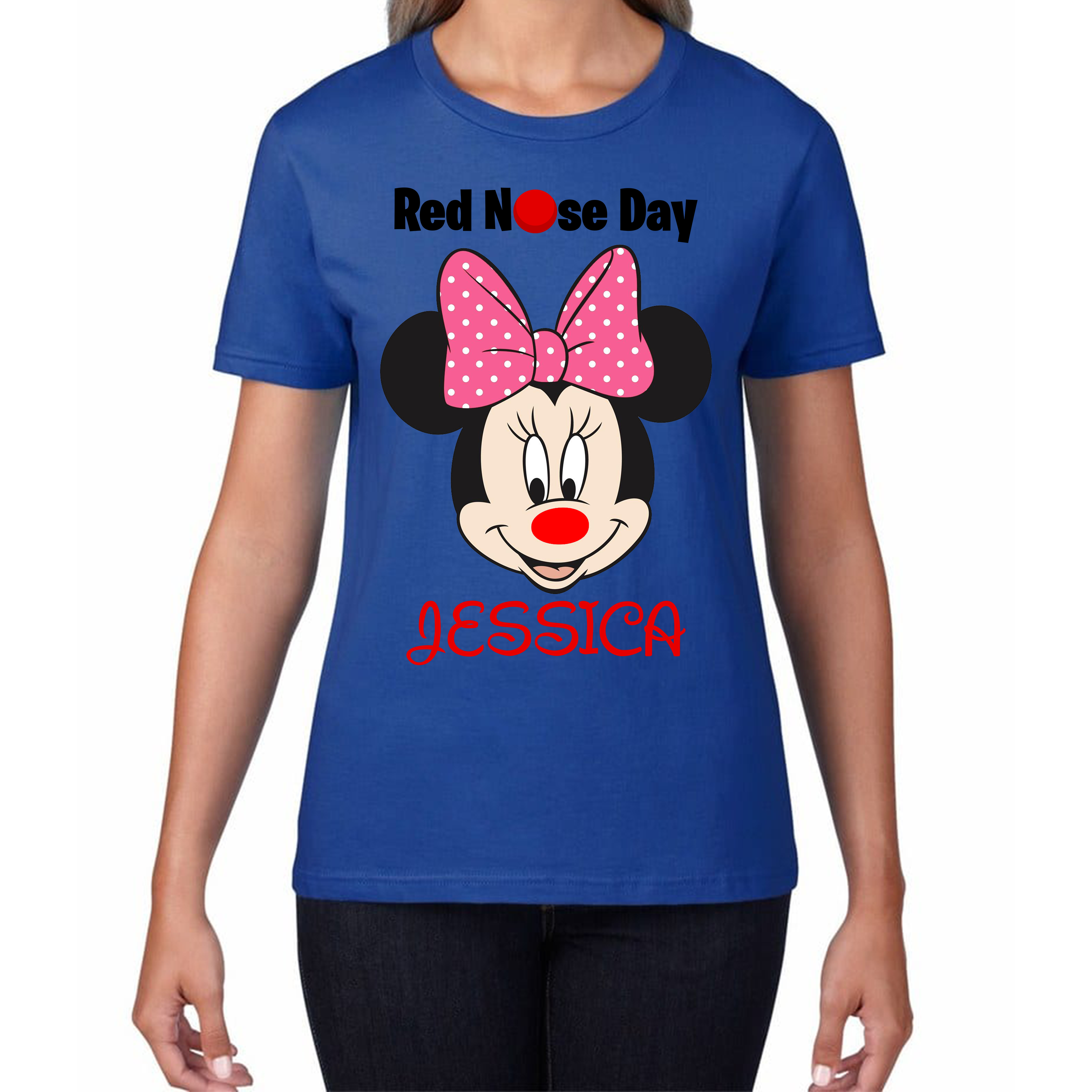 Personalised Minnie  Mouse ( Name ) Red Nose Day Ladies T Shirt. 50% Goes To Charity