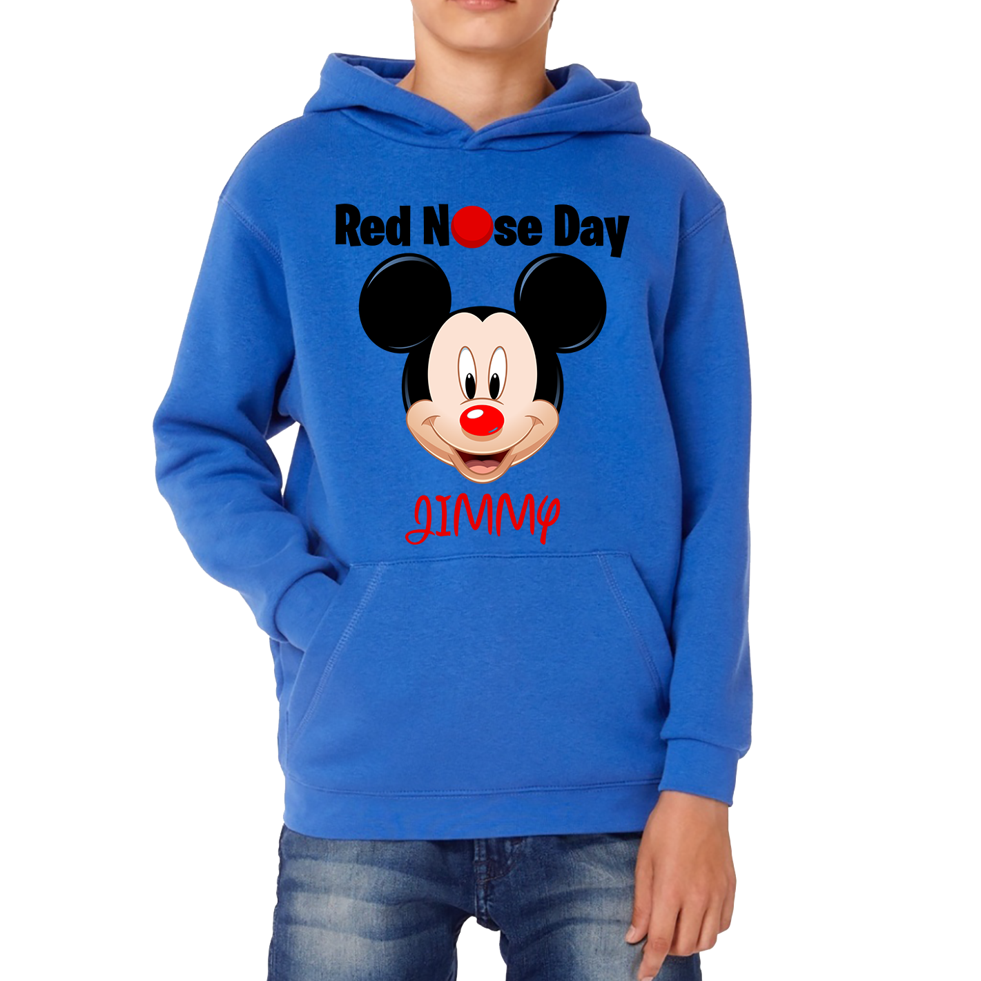 Personalised Mickey Mouse ( Name ) Red Nose Day Kids Hoodie. 50% Goes To Charity