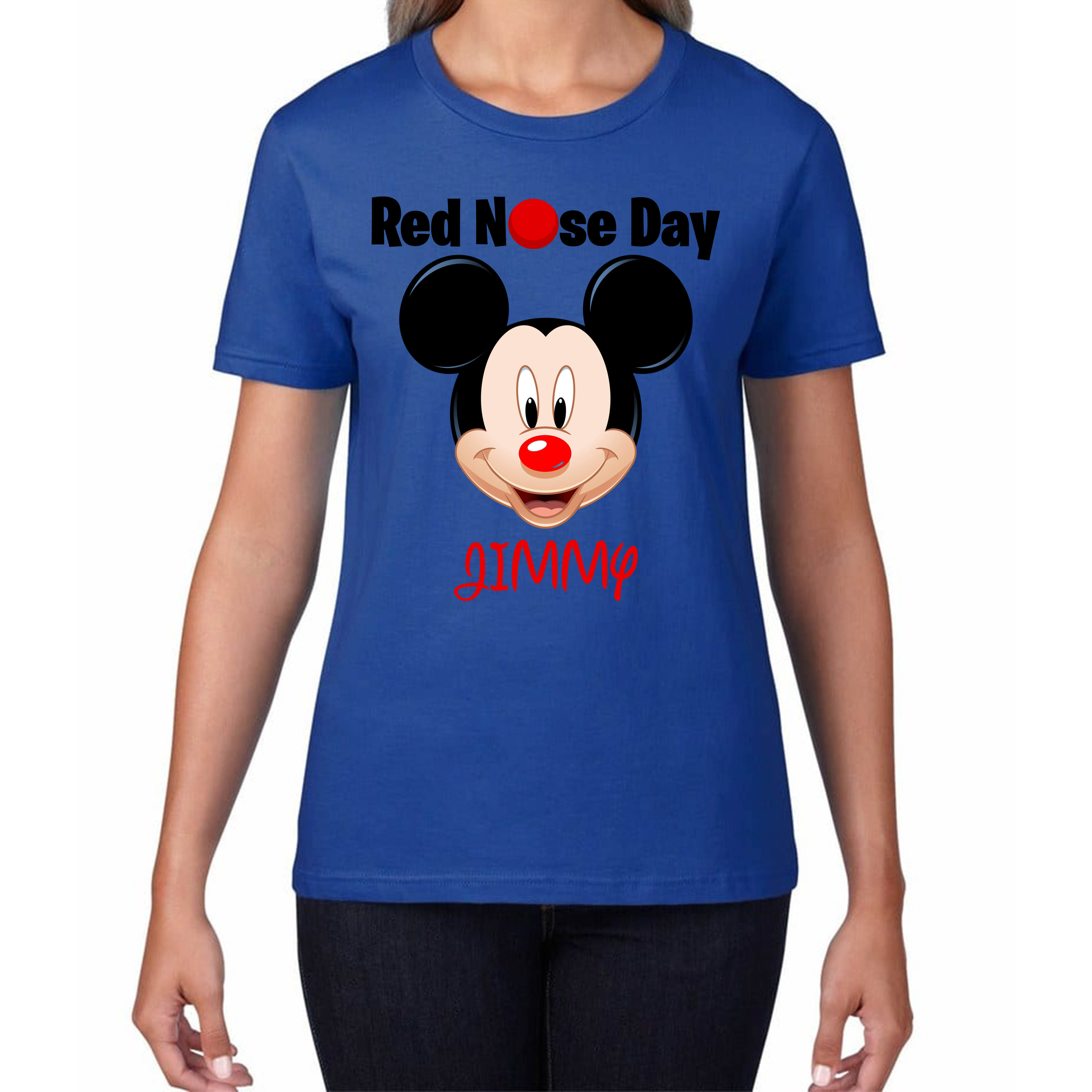 Personalised Mickey Mouse ( Name ) Red Nose Day Ladies T Shirt. 50% Goes To Charity