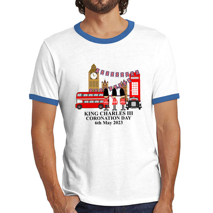 King Charles III Coronation Day 6th May 2023 Great Britain Big Ben Tower Telephone Booth And Red Bus London England Flag Ringer T Shirt