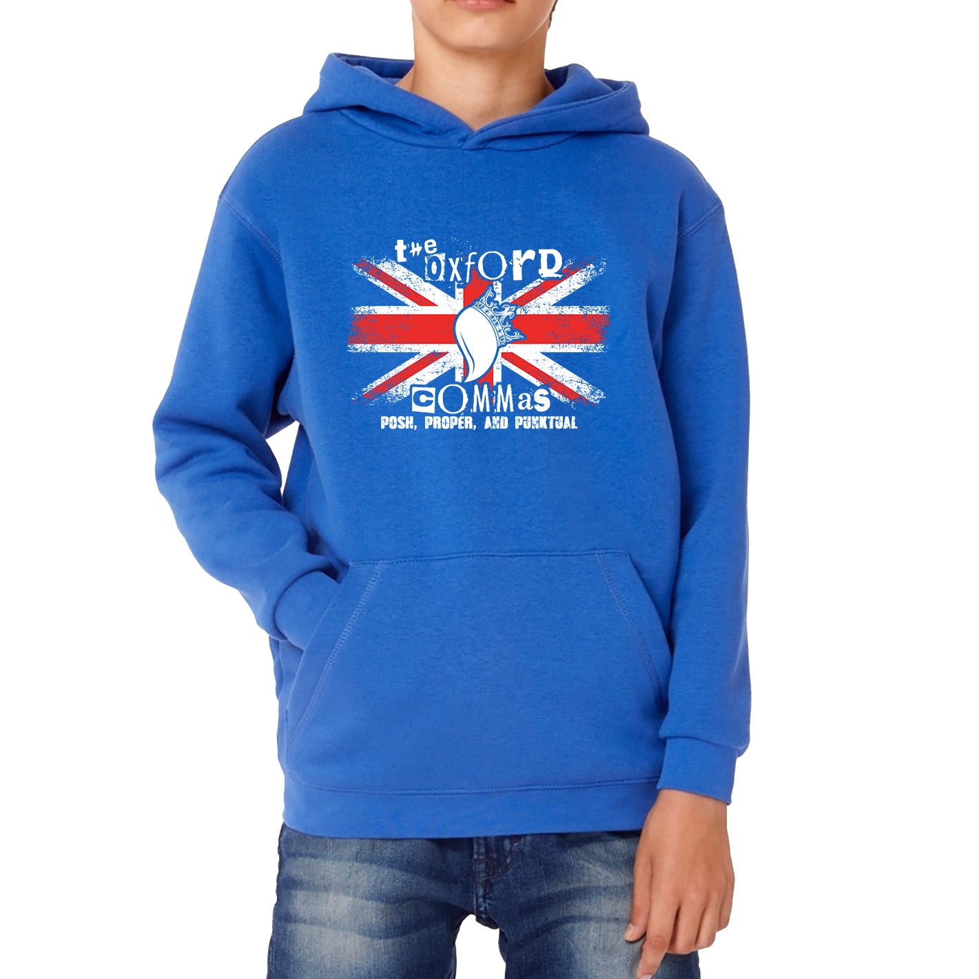 The Oxford Commas Push, Proper and Punktual Funny Grammar UK Flag Kids Hoodie