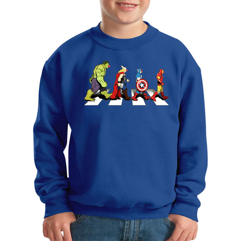 Hulk Thor Captain America Iron Man Marvel Avengers Abbey Road Red Nose Day Kids Sweatshirt. 50% Goes To Charity