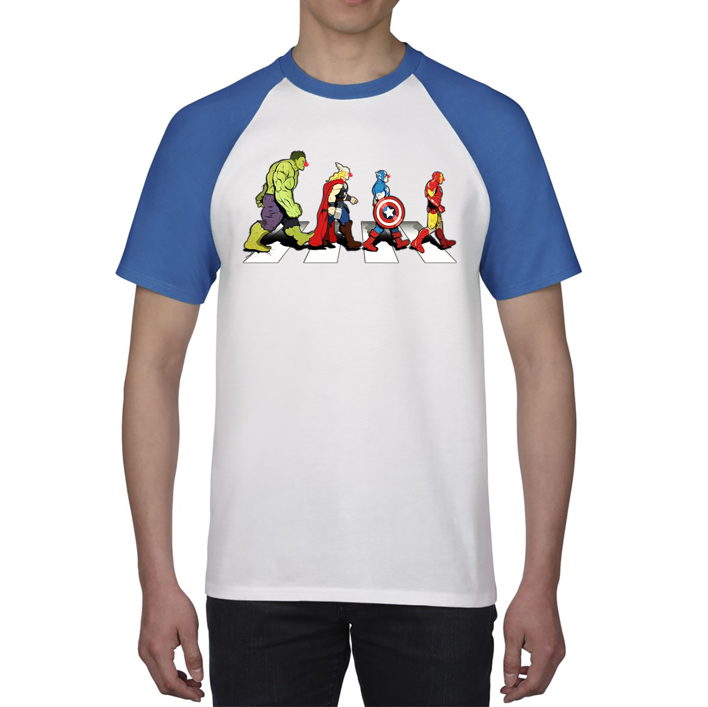 Hulk Thor Captain America Iron Man Marvel Avengers Abbey Road Red Nose Day Baseball T Shirt. 50% Goes To Charity
