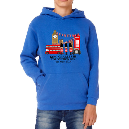 King Charles III Coronation Day 6th May 2023 Great Britain Big Ben Tower Telephone Booth And Red Bus London England Flag Kids Hoodie