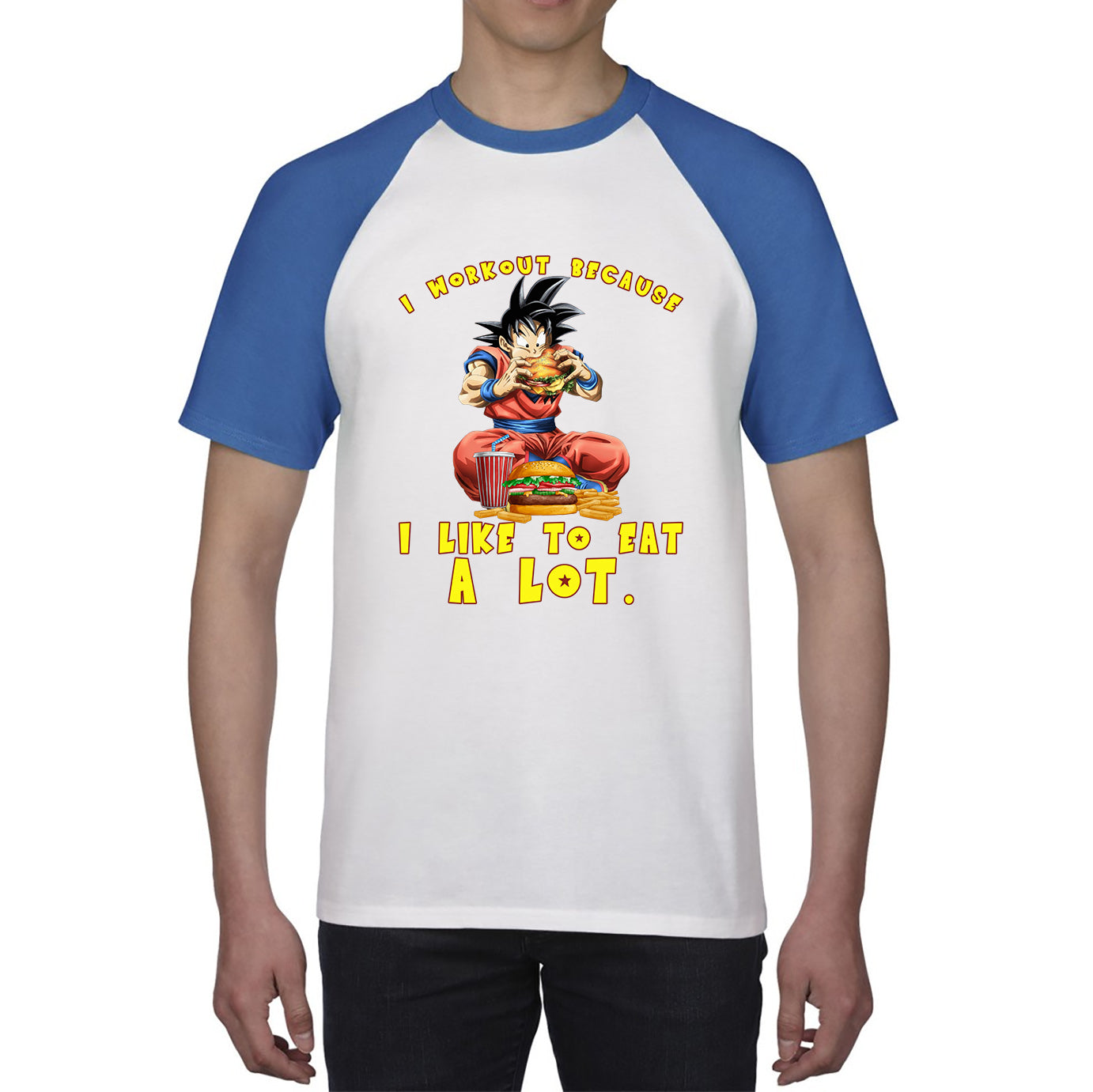 I Workout Because I Like To Eat A Lot Goku Eating A Hamburger Dragon Ball Anime Gym Bodybuilding Workout Baseball T Shirt