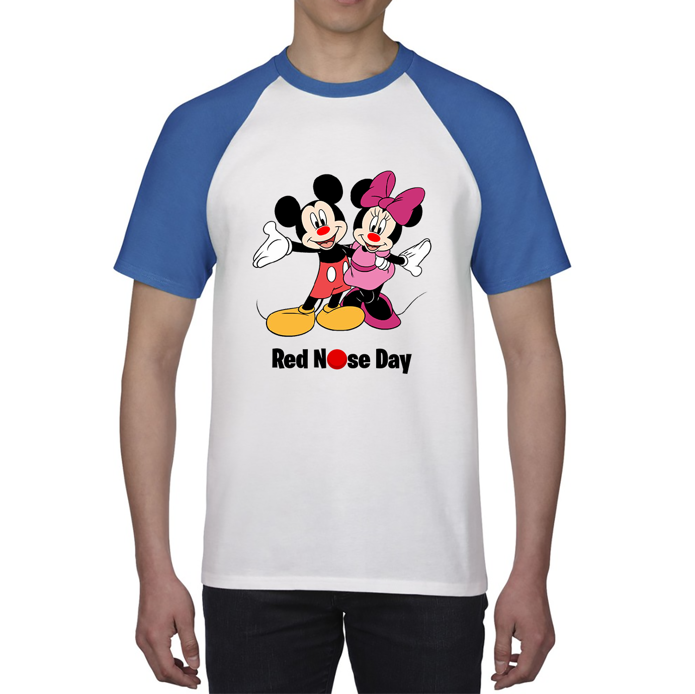 Mickey And Minnie Mouse Red Nose Day Baseball T Shirt. 50% Goes To Charity