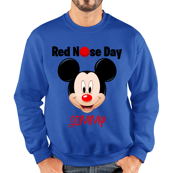 Personalised Mickey Mouse ( Name ) Red Nose Day Adult Sweatshirt. 50% Goes To Charity