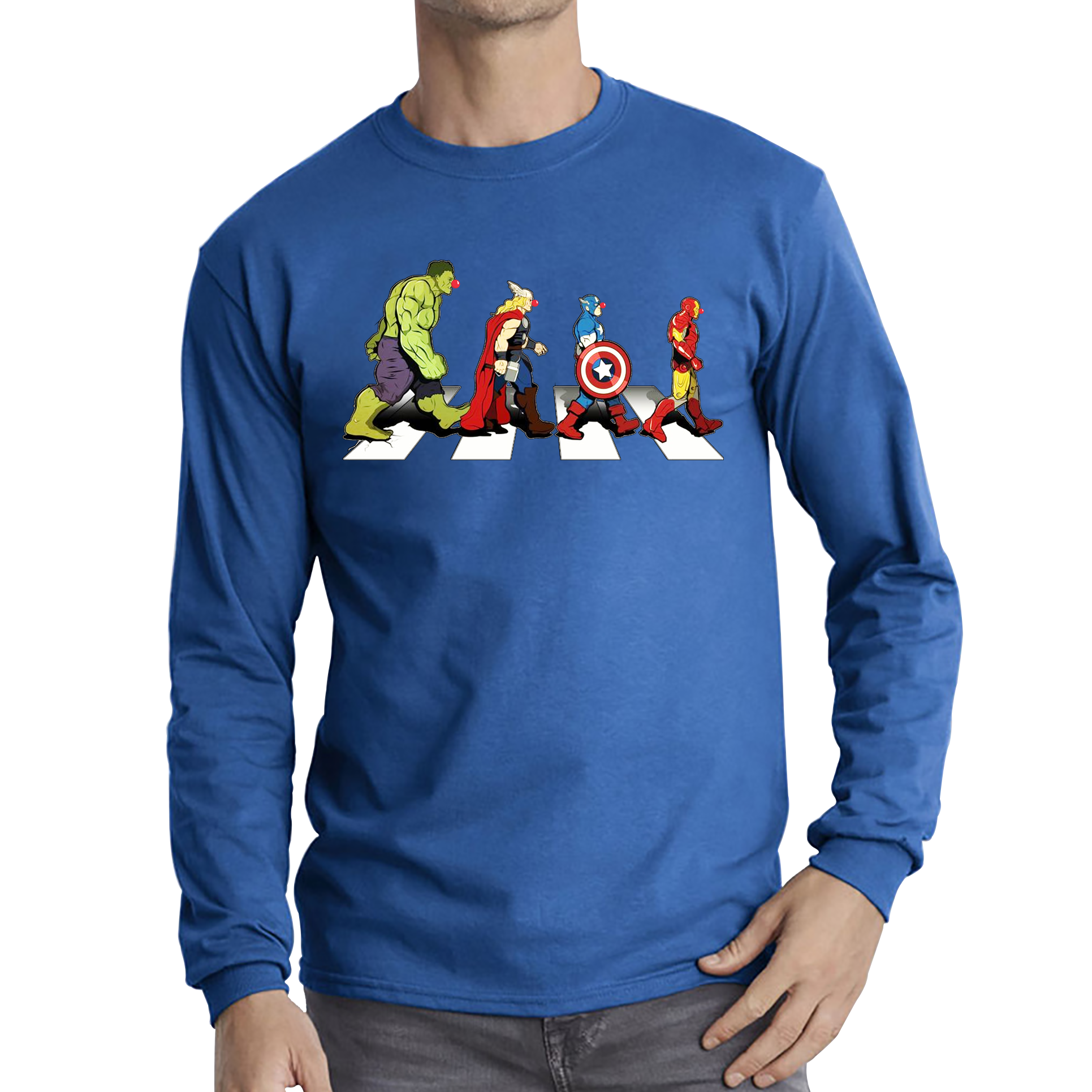 Hulk Thor Captain America Iron Man Marvel Avengers Abbey Road Red Nose Day Adult Long Sleeve T Shirt. 50% Goes To Charity